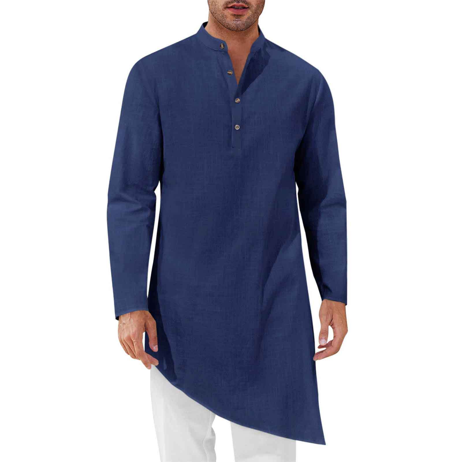 Kurta Men Cotton - ミニマリストロングシャツ メンズシャツローブ ルーズ インド＆パキスタン風衣料 新しいチャイナカジュアルトップス 膝丈カジュアルアウターウェア