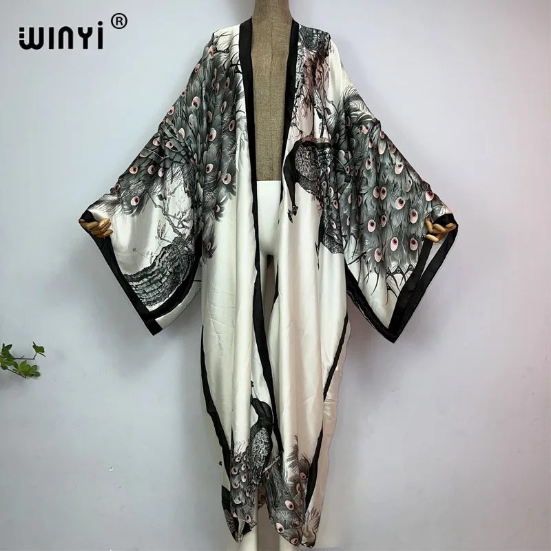 Kaftan Women Boho - Winyi-女性のためのクラシックな孔雀のプリント着物、セクシーなカーディガン、自由奔放に生きるマキシドレス、シルクの感触、長袖、アフリカのカーディガン、休日のカフタン、夏