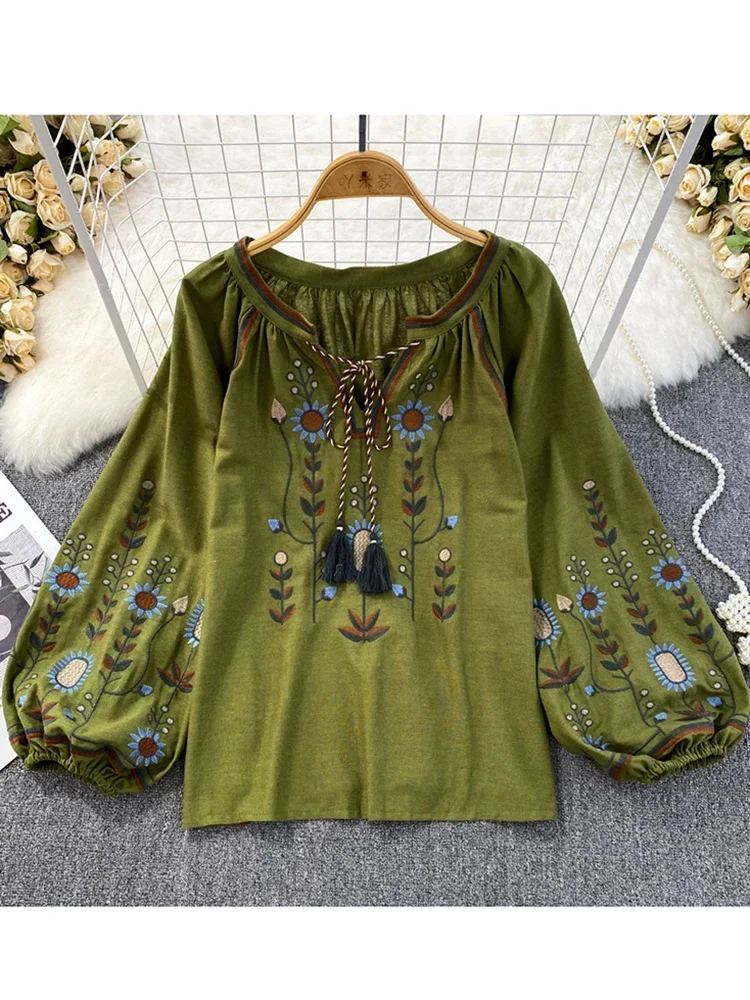 Ethnic Fashion Clothing - 女性春ブラウスエスニックスタイルレトロ文学ルーズ刺繍コットンリネンラウンドネックプルオーバーシャ​​ツカジュアルトップ D3549