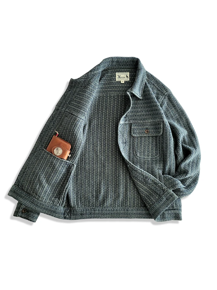 Haori Japanese Jacket - アメカジウェア服メンズハニカムストライプデニムカジュアルジャケットコートルーズバージョン和風レトロウォッシュオールド