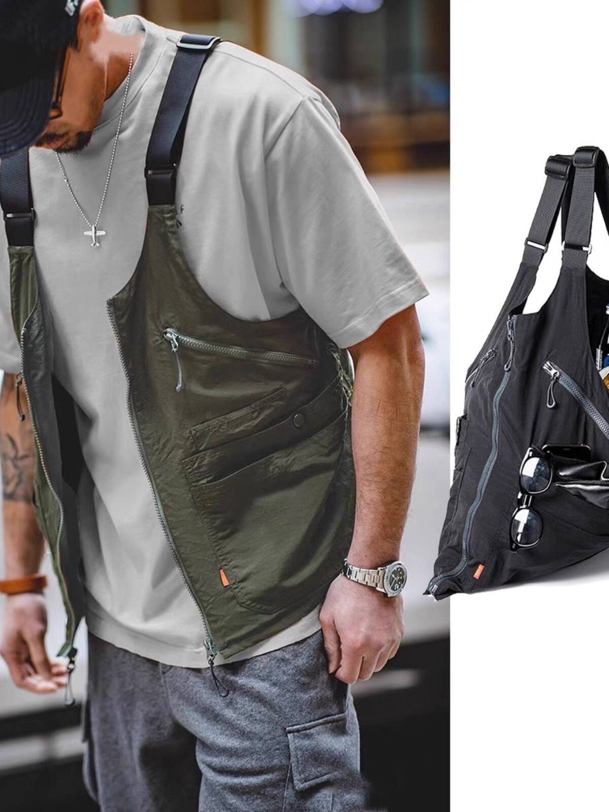 Haori Japanese Jacket - レトロ機能的なカーゴベスト男性ルーズ日本製マルチポケットノースリーブジャケット屋外釣りハイキングアウター春秋
