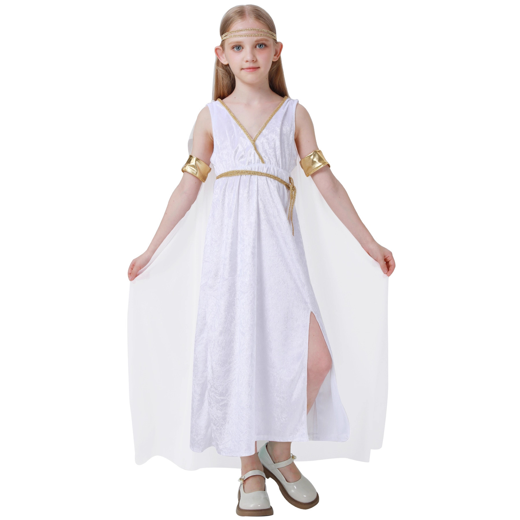 Ethnic Fashion Wear - 子供用ハイ スリット ホワイト 女神民族衣装ドレス 自由の女神 神話上の人物
