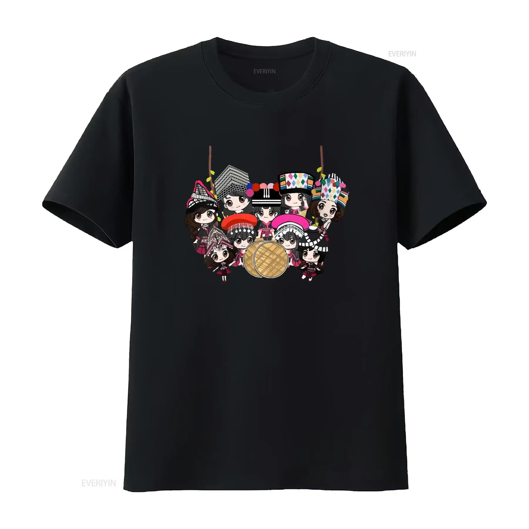 Fashion Ethnic Wear For Men - 9人のモン族少女の漫画プリントTシャツ U1K5 カラフルなエスニックスタイル、トレンディなファッション、ヴィンテージ風ウォッシュ加工トップス、普段着グラフィック