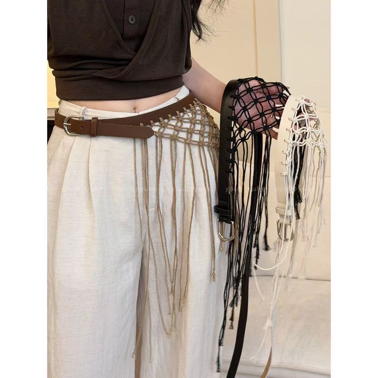 Y2K Ethnic Fashion - カジュアル Y2K タッセル織りウエストベルトレトロメッシュボヘミアンスタイルベルトボヘミアンエスニックスタイル織りタッセルウエストバンドウエストアクセサリー