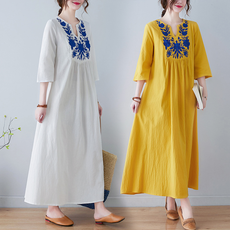 Ethnic Style Dresses - 新しいエスニックスタイルルーズディープ V ネックミディコットンリネン刺繍ドレスオーバーニーロングスカートファッショントレンド夏 202 婦人服