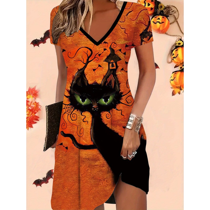 Y2K Ethnic Fashion - 黒猫の頭の形をしたハロウィーンプリント、セクシー、スリムフィット、カジュアルでファッショナブル、旅行に最適、エスニックスタイルの服