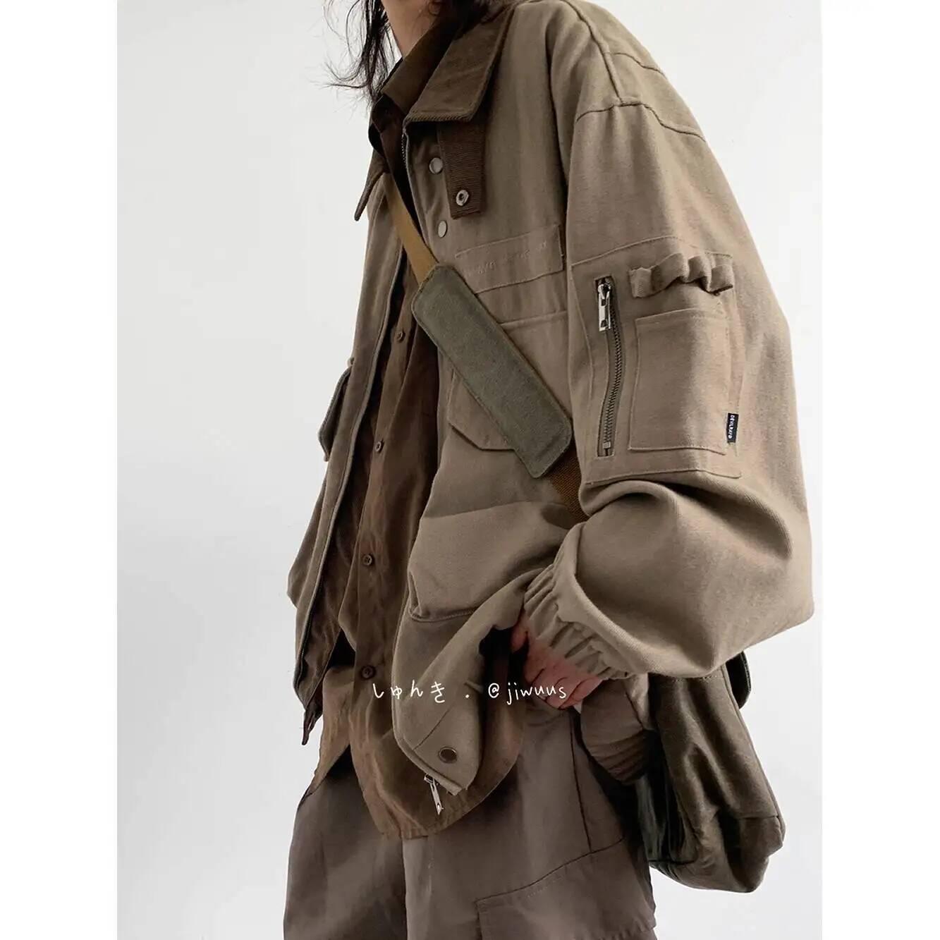 Haori Japanese Jacket - マンジャケット春秋ルーズカーゴジャケット日本製ヴィンテージマルチポケット、ユニセックスストリートウェア、スタイリッシュな多用途カジュアルコート