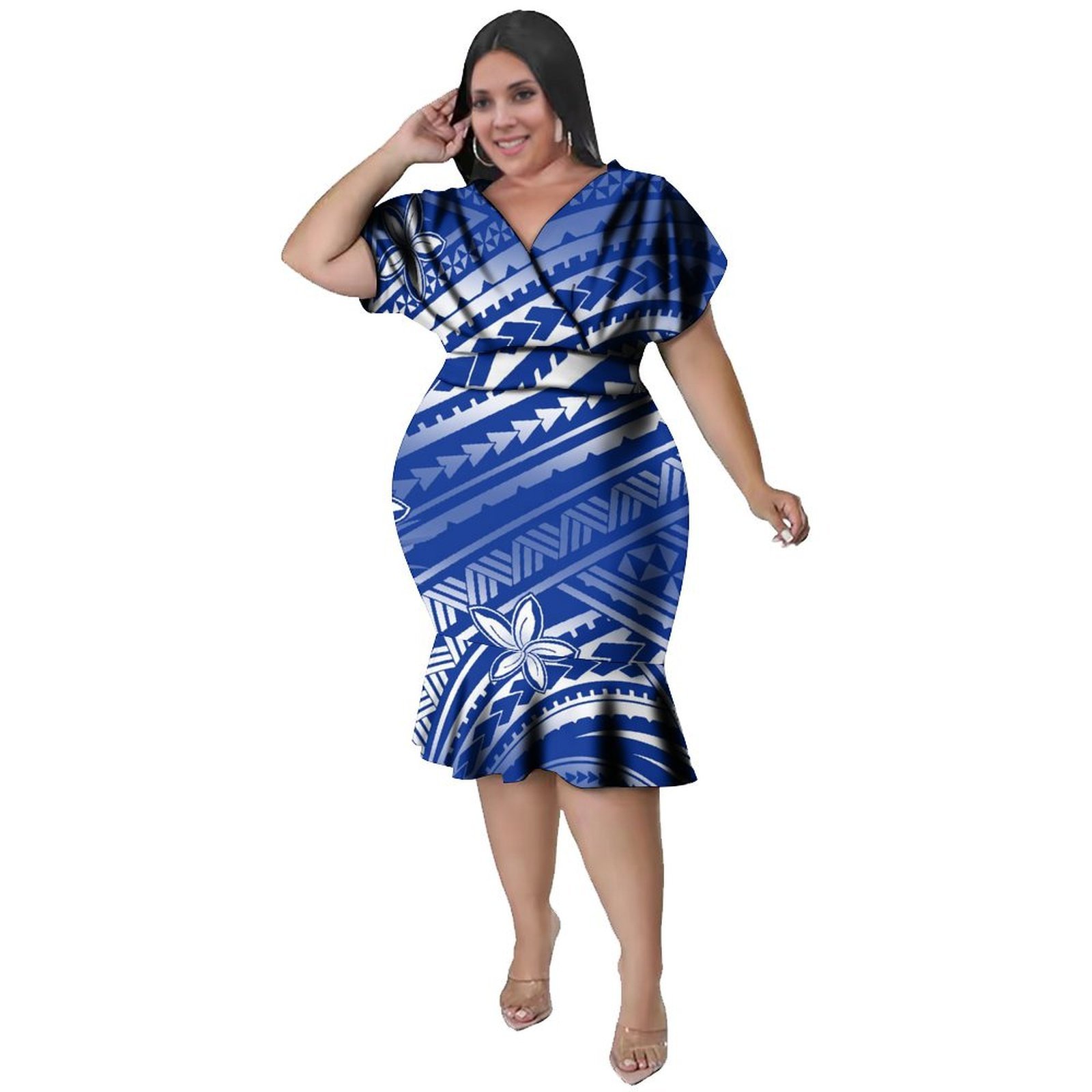 Ethnic Style Dresses - Vネックライン レディース ポリネシアンスタイル 膝丈 フルスカート タイトフィットドレス