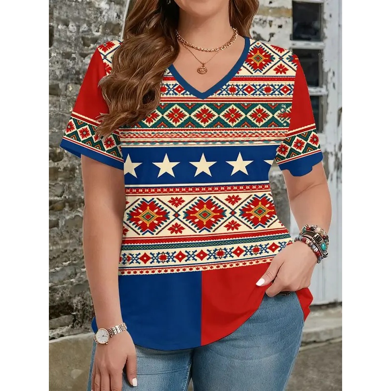 Y2K Ethnic Fashion - 女性用3DプリントエスニックスタイルTシャツ、ファッショナブルなストリートウェア、半袖Vネック、カジュアルY2kトップス。