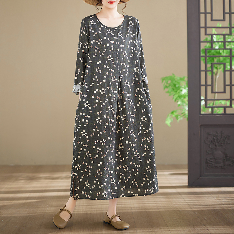 Ethnic Style Dresses - 新作プラスサイズ長袖コットンワンピース、プリント入りラウンドネックミディ丈ワンピース、シティウォークエスニックスタイル、ルーズフィットAラインスカートロングドレス