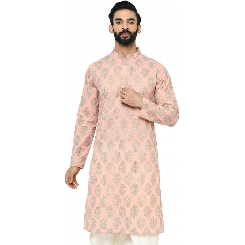 Kurta Men Cotton - メンズクルタ - プリント入りコットンブレンドチュニック - インドの結婚式用男性服 -