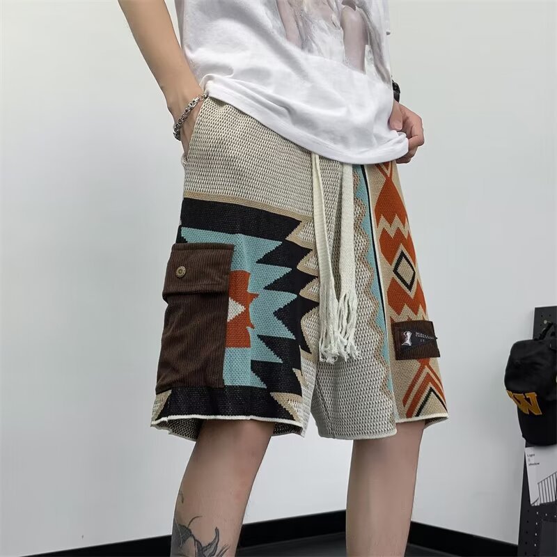 Y2K Ethnic Fashion - 夏薄いファッショナブルなゴシック個性ニット日本エスニックスタイル通気性ルーズカジュアル 5 インチミッドショートパンツ
