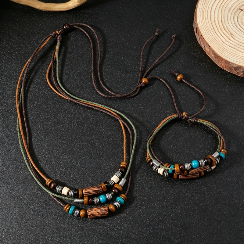 Fashion Ethnic Wear For Men - ヴィンテージ 2 層フェイクレザーワックスロープジュエリーセット木製ペンダントネックレスブレスレットボヘミアンカジュアルアクセサリーギフト日常着用