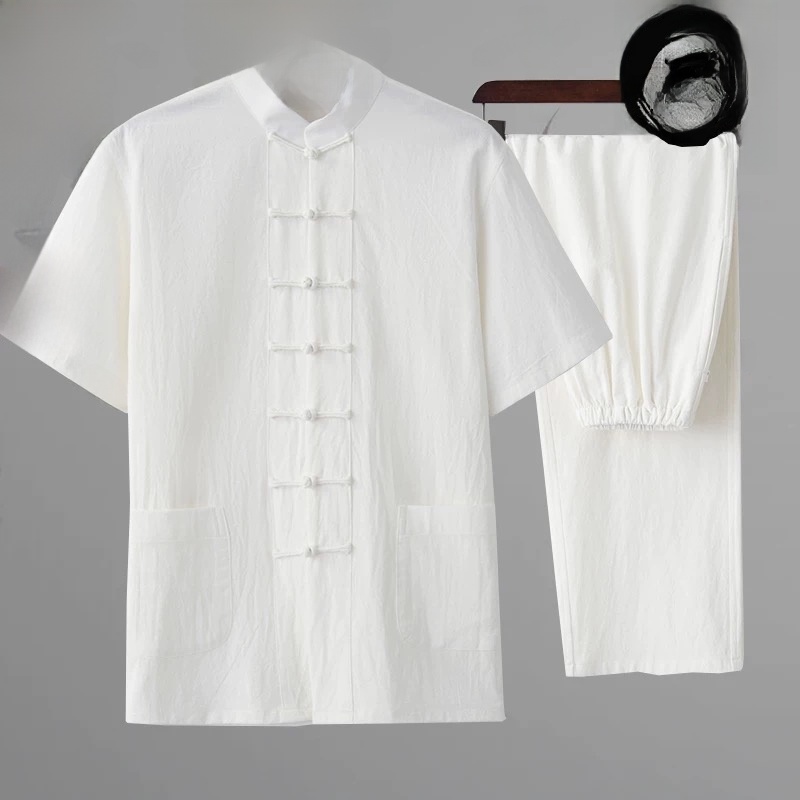 Fashion Ethnic Wear For Men - 夏用コットンリネン製ユース漢服半袖唐装シャツ、ファッショナブルな男女セット、伝統的な中国民族衣装
