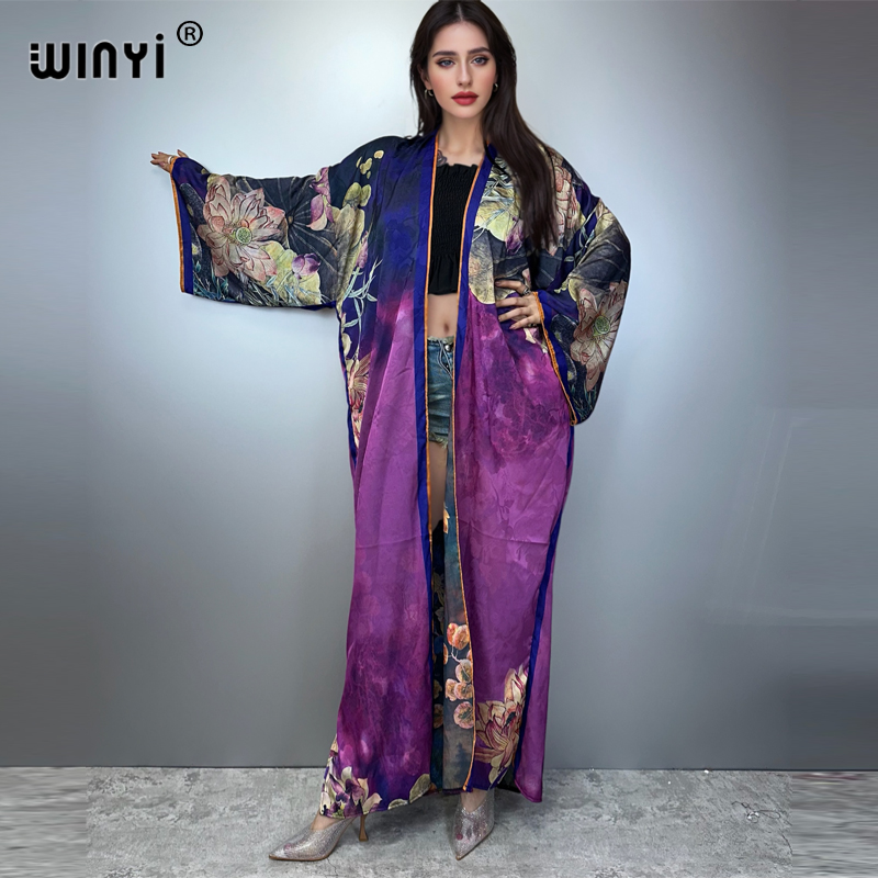 Kaftan Women Boho - WINYI 着物高品質プリントドレスビーチウェアボヘミアンカーディガンエレガントなビーチカバーアップ女性のためのカフタンアバヤドバイ高級