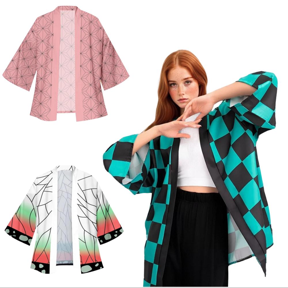 Haori Japanese Jacket - 男性日本アニメサムライ炭治郎竈門緑黒市松着物羽織カーディガン我妻善逸黄色コスプレ衣装