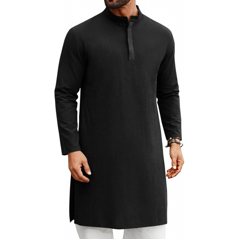 Kurta Men Cotton - メンズカフタン・トーブ長袖カジュアルヘンリーシャツ、ボタンダウンクルタ、コットンリネンムスリムガウンローブ