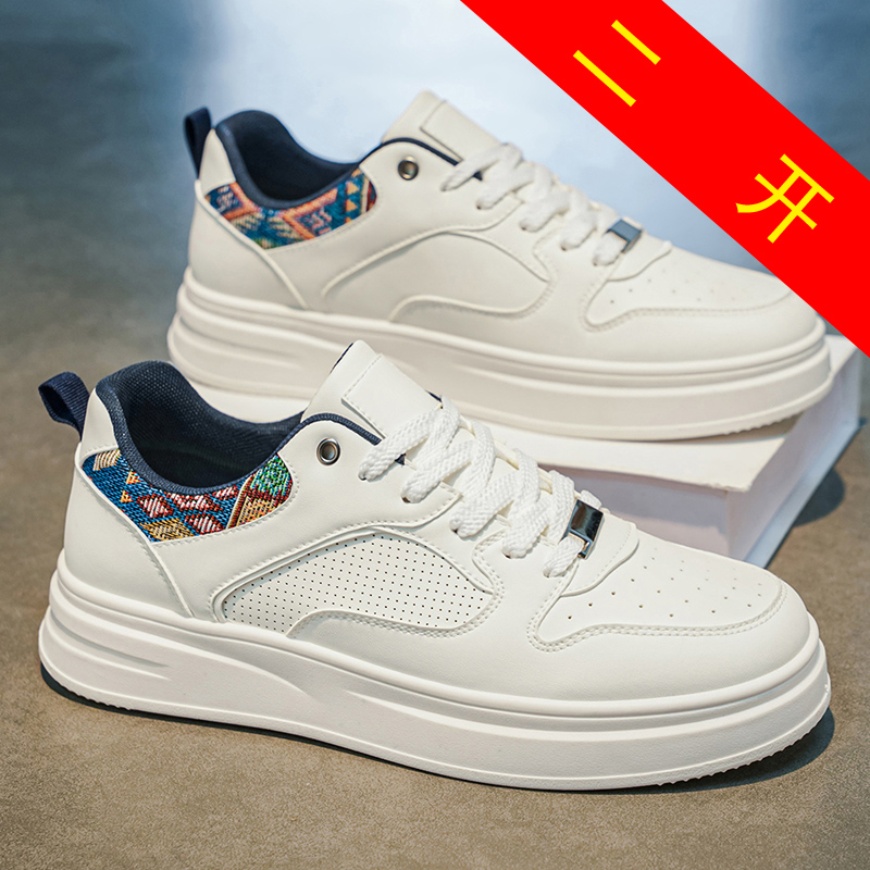 Fashion Ethnic Wear For Men - メンズホワイトプラットフォームスケートシューズエスニックパターンヒール通気性カジュアルスニーカーファッションストリートウェア快適なウォーキングトレーナー