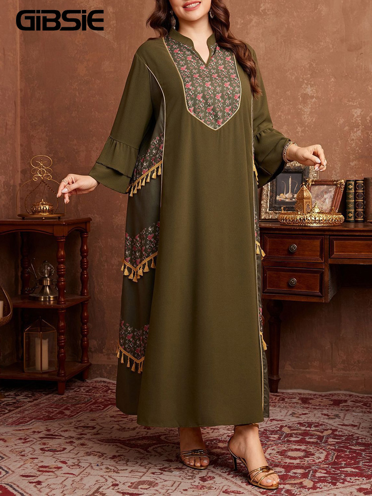 Ethnic Style Dresses - GIBSIE プラスサイズ エスニックスタイル プリント タッセル アバヤドレス