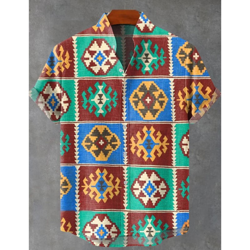 レトロメンズリネンシャツ、エスニック柄プリント半袖トップス、 - Fashion Ethnic Wear For Men のレビューと価格