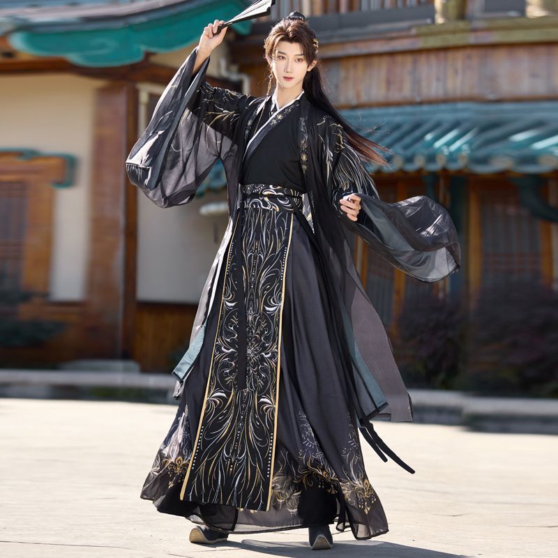 ダークブラックプリント男性漢服 新スタイル 魏晋ファッション - Ethnic Fashion Wear のレビューと価格