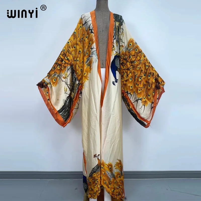 Winyi-女性のためのクラシックな孔雀のプリント着物、セク - Kaftan Women Boho のレビューと価格