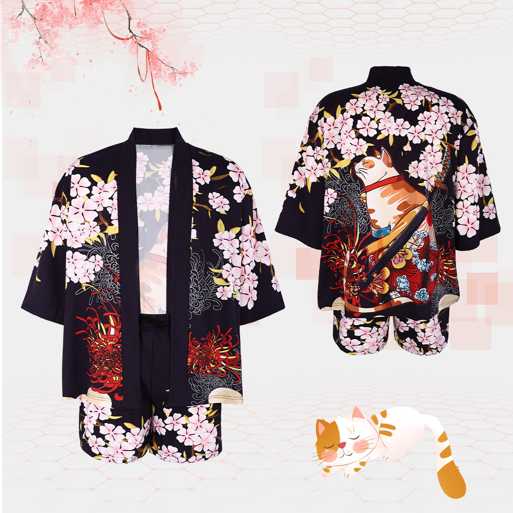 日本の猫柄着物羽織カーディガン 桜柄 浪人風 オープンフロン - Haori Japanese Jacket のレビューと価格
