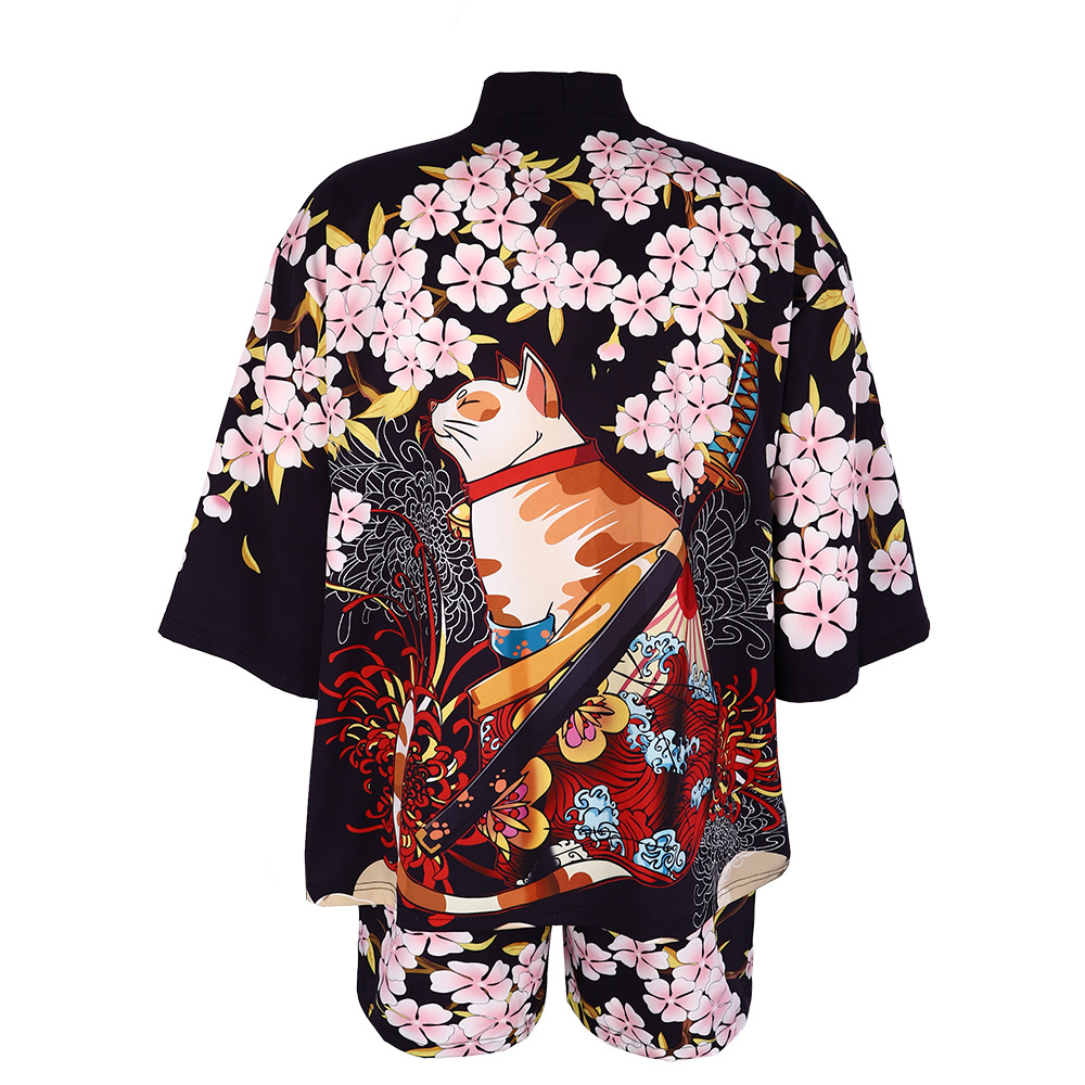 日本の猫柄着物羽織カーディガン 桜柄 浪人風 オープンフロン - Haori Japanese Jacket のレビューと価格