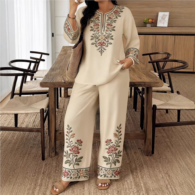 ファッションレトロプリント長袖 O ネックシャツとズボンの女 - Ethnic Fashion For Ladies のレビューと価格