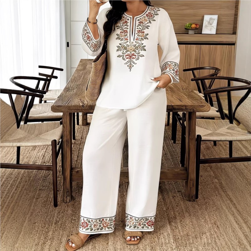 ファッションレトロプリント長袖 O ネックシャツとズボンの女 - Ethnic Fashion For Ladies のレビューと価格