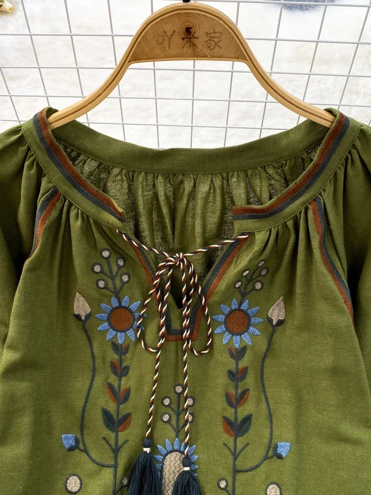 女性春ブラウスエスニックスタイルレトロ文学ルーズ刺繍コットン - Ethnic Fashion Clothing のレビューと価格