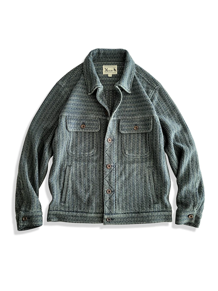 アメカジウェア服メンズハニカムストライプデニムカジュアルジャ - Haori Japanese Jacket のレビューと価格