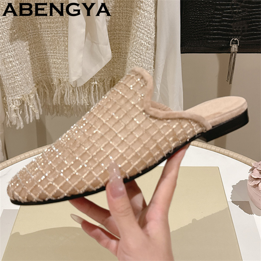 光沢のあるレースメッシュラウンドトゥフラットスリッパ レディ - Ethnic And Fashion のレビューと価格