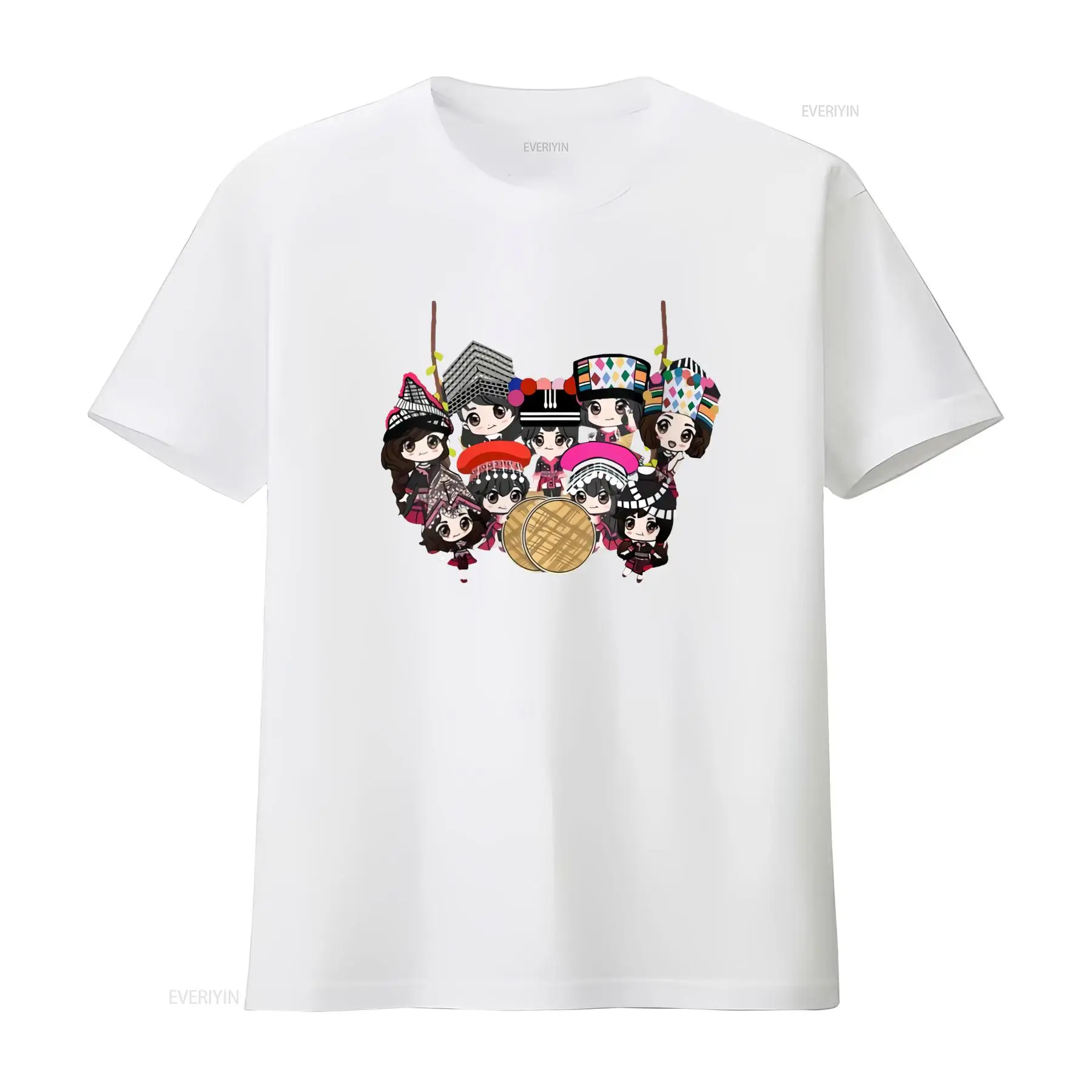 9人のモン族少女の漫画プリントTシャツ U1K5 カラフルな - Fashion Ethnic Wear For Men のレビューと価格