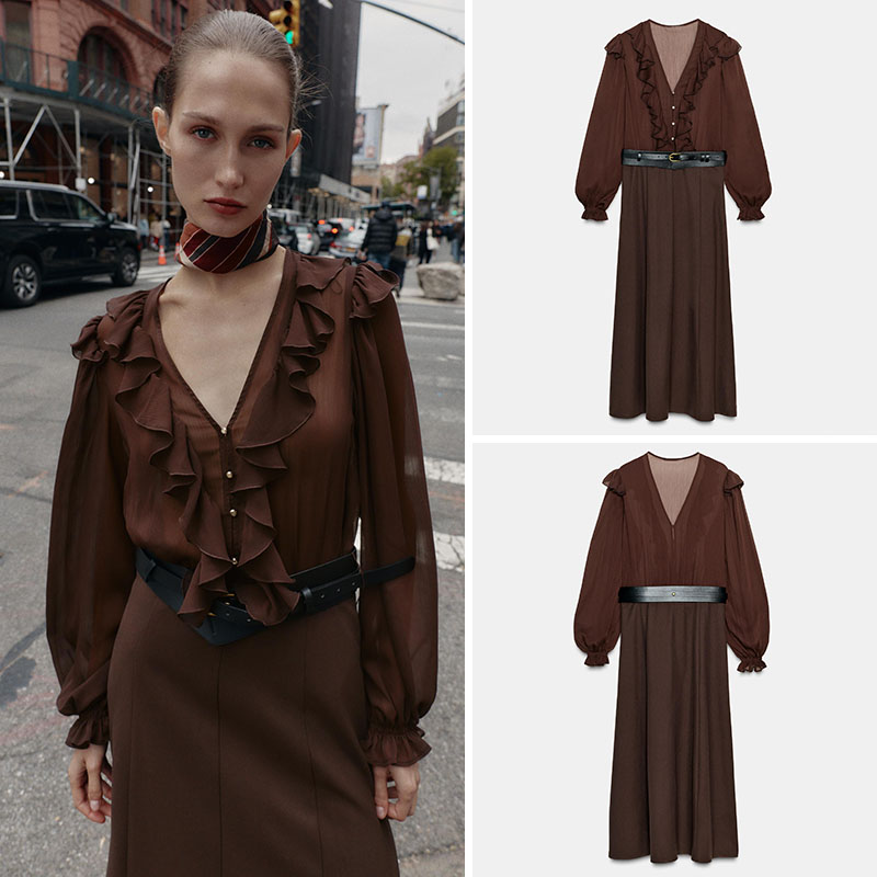 エレガントなVネック長袖ミディ丈ワンピース　新作秋レディース - Ethnic Fashion Wear のレビューと価格