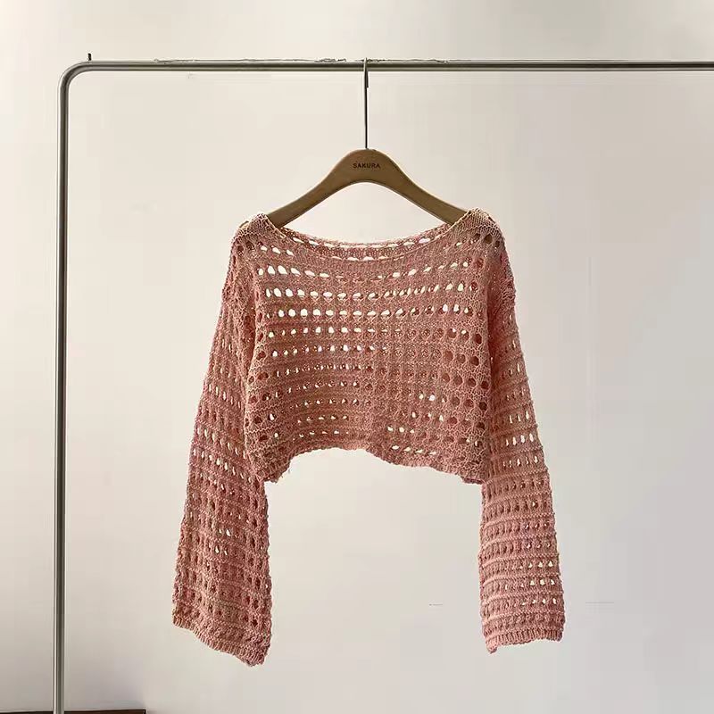 長袖かぎ針編みニットトップ夏のビーチビキニカバーアップ作物プ - Kaftan Women Boho のレビューと価格