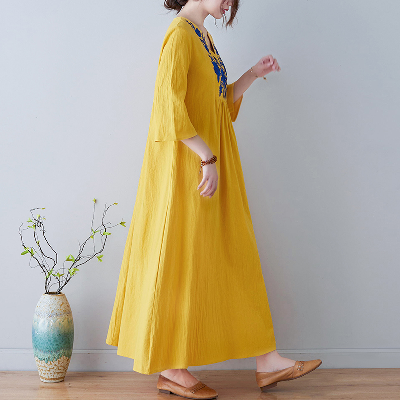 新しいエスニックスタイルルーズディープ V ネックミディコッ - Ethnic Style Dresses のレビューと価格