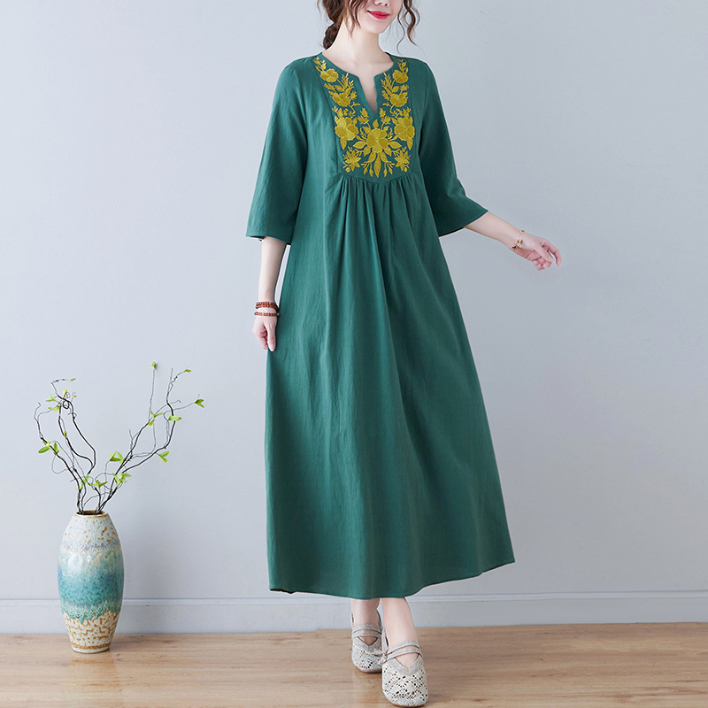 新しいエスニックスタイルルーズディープ V ネックミディコッ - Ethnic Style Dresses のレビューと価格