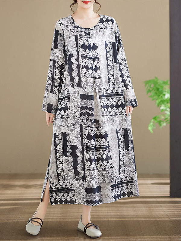 長袖コットンプリントドレス、ラウンドネック、大きいサイズ、レ - Ethnic Style Dresses のレビューと価格