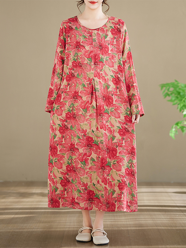 長袖コットンプリントドレス、ラウンドネック、大きいサイズ、レ - Ethnic Style Dresses のレビューと価格