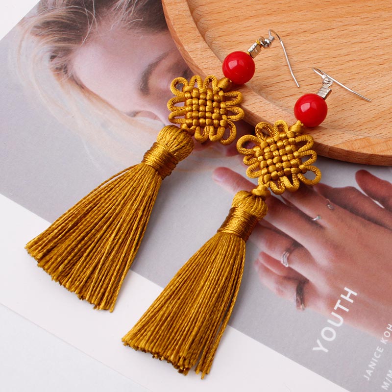 カラフルな糸で編まれた中国結びタッセルイヤリング女性用手作り - Y2K Ethnic Fashion のレビューと価格