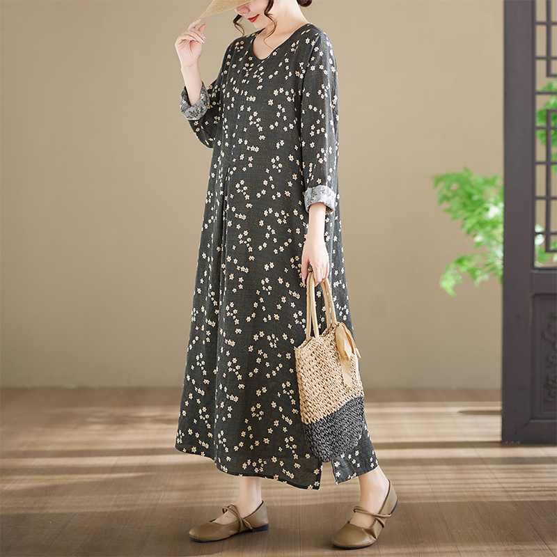 新作プラスサイズ長袖コットンワンピース、プリント入りラウンド - Ethnic Style Dresses のレビューと価格