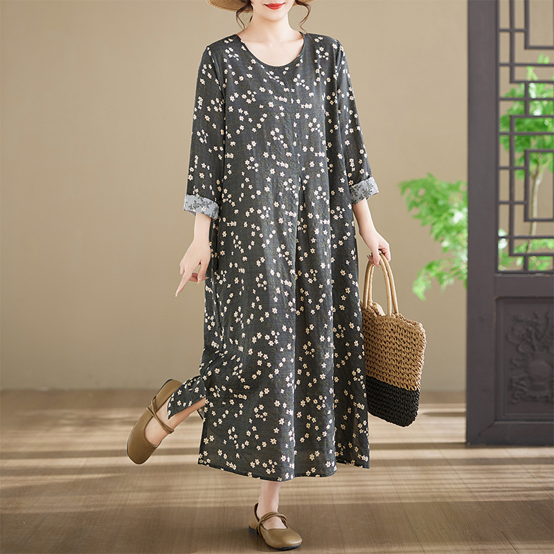 新作プラスサイズ長袖コットンワンピース、プリント入りラウンド - Ethnic Style Dresses のレビューと価格