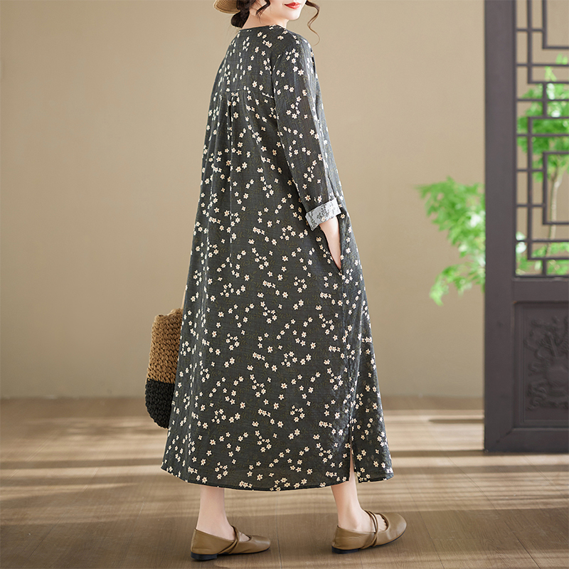 新作プラスサイズ長袖コットンワンピース、プリント入りラウンド - Ethnic Style Dresses のレビューと価格