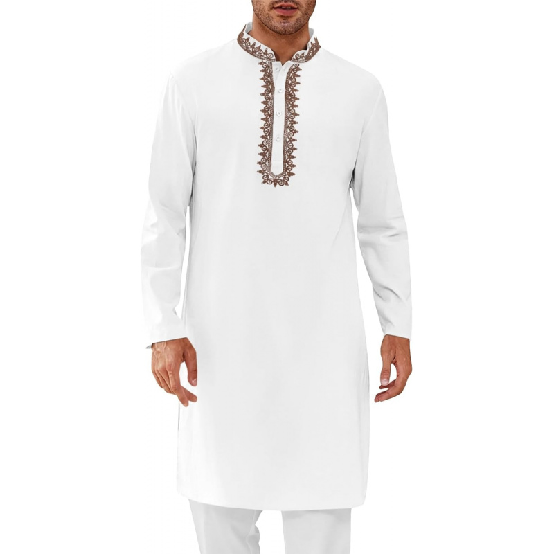 メンズカフタン・トーブ・コットンヘンリーシャツ・長袖刺繍ロー - Kurta Men Cotton のレビューと価格
