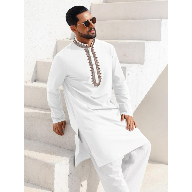 メンズカフタン・トーブ・コットンヘンリーシャツ・長袖刺繍ロー - Kurta Men Cotton のレビューと価格