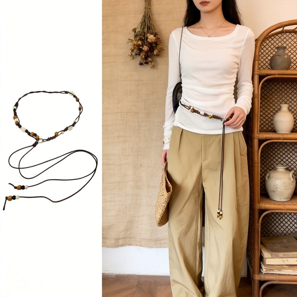 エスニック手織りウエストチェーン調節可能な木製ビーズ装飾ウエ - Ethnic Dress Fashion Show のレビューと価格